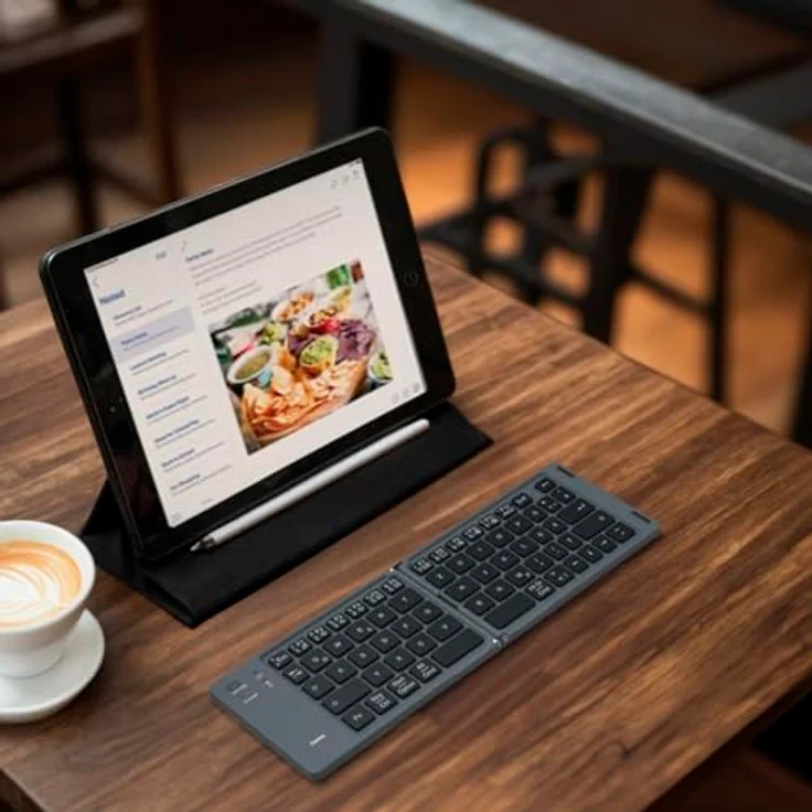 Hama Faltbare Tastatur Bluetooth (Ultraslim Wireless Keyboard klappbar, leise Mini-Tastatur kabellos für Tablet/iPad/Handy/iPhone, Reise-Tastatur für unterwegs, Akku, 10 m Reichweite, QWERTZ) schwarz – Bild 2