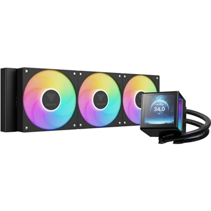 GAMDIAS CHIONE P5, 360-mm-AIO-CPU-Wasserkühler mit drehbarem magnetischem 3,4-Zoll-IPS-LCD-Display, ARGB-PWM-Lüftern und universeller Kompatibilität für Intel LGA 1851 und AMD AM5, Schwarz – Bild 1