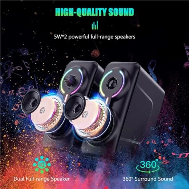 ONIKUMA L6 Multimedia Gaming Speaker, 10 Watt mit BT5.0 und multicolor LED-Beleuchtung, Schwarz – Bild 5