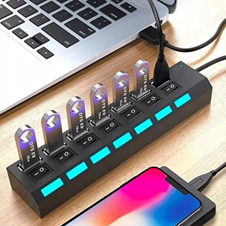 Retoo Hub USB 2.0 7 Port Adapter mit Power Schalter und LED - PC Laptop Powerbank USB Mehrfach Ports Verteiler mit Langes Kabel Multiport – Bild 4