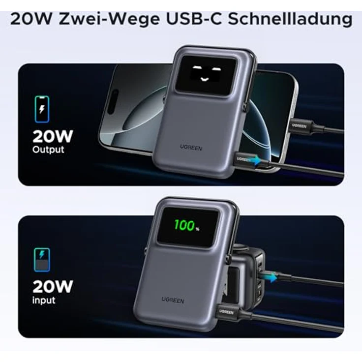 UGREEN UNO Wireless Powerbank 10000mAh Qi2 15W Magnetische Power Bank mit USB-C Schnellladefunktion 20W und Ständer kabellos MagSafe kompatibel mit iPhone 16 Pro Max/16 Pro/16/15/14/13/12 (Schwarz) – Bild 4