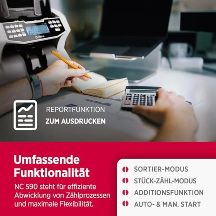 Olympia NC 590, Geldzähler für Scheine mit Falschgeldprüfung, 1500 Noten/Min, LCD Display, Frontladegerät, gemischtwertzähler für unsortierte Banknoten – Bild 5