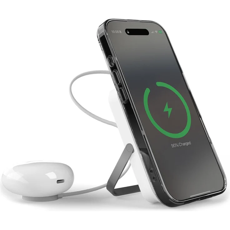Puro Stand Power Mag Powerbank (10000 mAh, 15 Wh), kabellos mit Aluminiumständer, Weiss