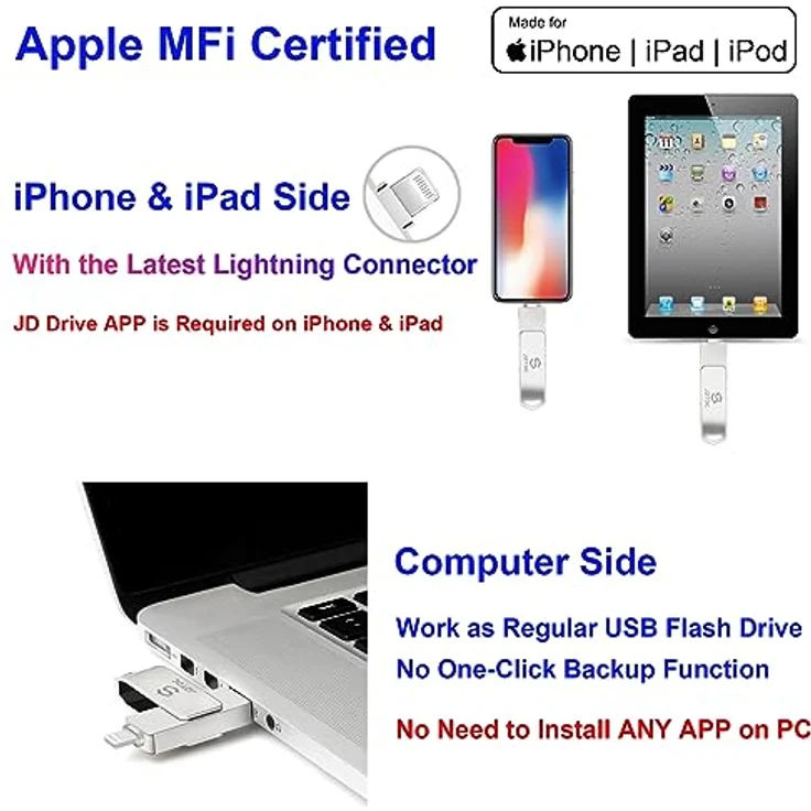 USB Flash Drive für iPhone Speicher für iPhone Lightning Flash Memory iOS USB Flash Drive Lightning USB Flash Drive Externer Speicher für iPhone iPad 64GB Apple Zertifiziert 256GB – Bild 3