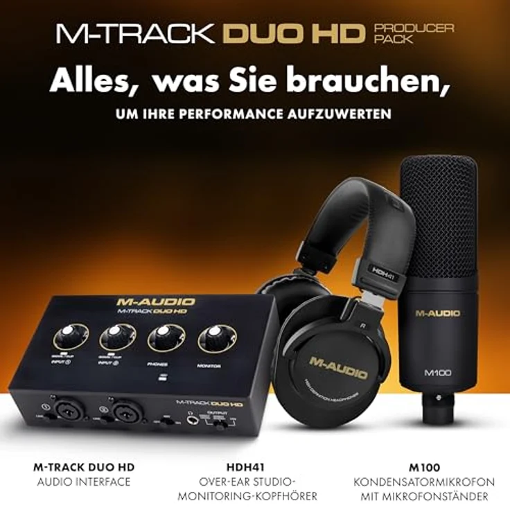 M-Audio M-Track Duo HD Producer Pack, 2-Kanal USB Audio Interface mit M100 Kondensatormikrofon und HDH41 Studio Monitoring Kopfhörern für Aufnahmen, 24-Bit/192kHz, schwarz – Bild 2