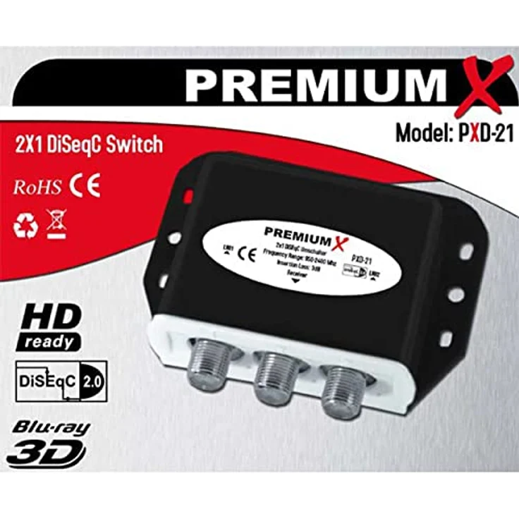 Premium X DiSEqC Schalter 2/1 2.0, SAT Umschalter mit Wetterschutzgehäuse, für 2 LNBs und 1 Receiver, 4K Ultra HD, Frequenzbereich 950-2400 MHz – Bild 2