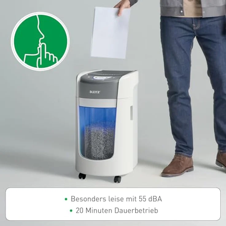 Leitz IQ OptiMax Home Office 225 P5, Aktenvernichter mit Mikro-Partikelschnitt, 90 Blatt Kapazität, leiser Betrieb, Anti-Papierstau-Technologie – Bild 6