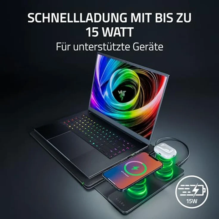 Razer Laptop Sleeve 16" mit kabellosem Laden, MagSafe-kompatibel für Smartphone und Earbuds, Schnellladen bis 15W, gepolstertes Innenfutter, leichtes Polyestergewebe, Schwarz – Bild 3