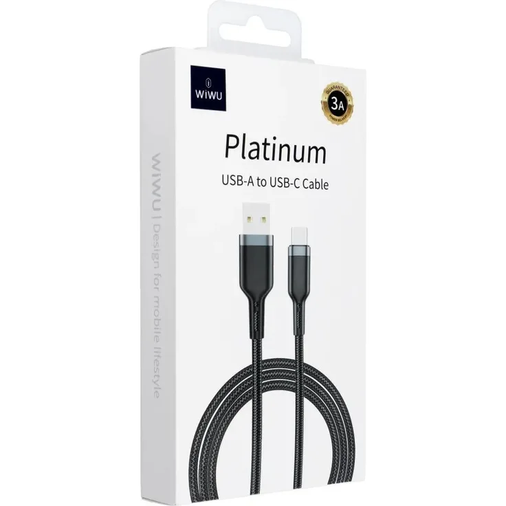 WiWU - Platinum Serie Wi-C019, USB A zu USB C Kabel, 3A, 1.2m, schwarz, hohe Haltbarkeit und Sicherheit