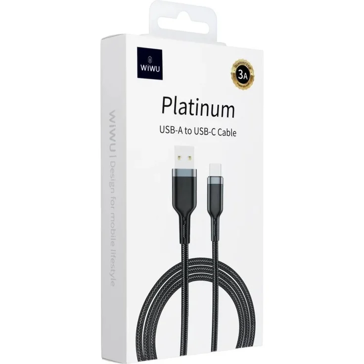 WiWU - Platinum Serie Wi-C019, USB A zu USB C Kabel, 3A, 1.2m, schwarz, hohe Haltbarkeit und Sicherheit