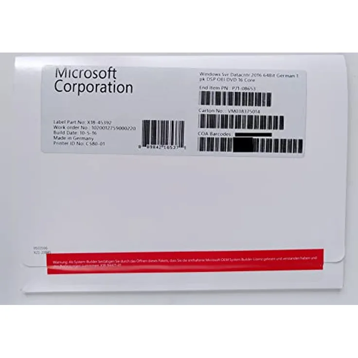 Microsoft Windows (2016) Server Datacenter x64 1pk DSP 16 Core dt.DVD, System Builder Vollversion
