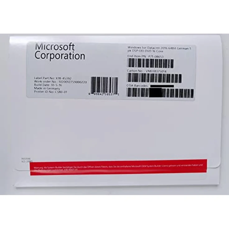 Microsoft Windows (2016) Server Datacenter x64 1pk DSP 16 Core dt.DVD, System Builder Vollversion – Bild 1