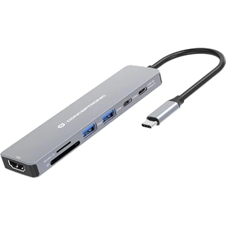 Conceptronic DONN28G 7-in-1 USB 3.2 Gen 1 Dockingstation, USB-C zu HDMI, 2x USB-A, 2x USB-C, SD/TF Kartenleser, grau, 0,25 m – Bild 1