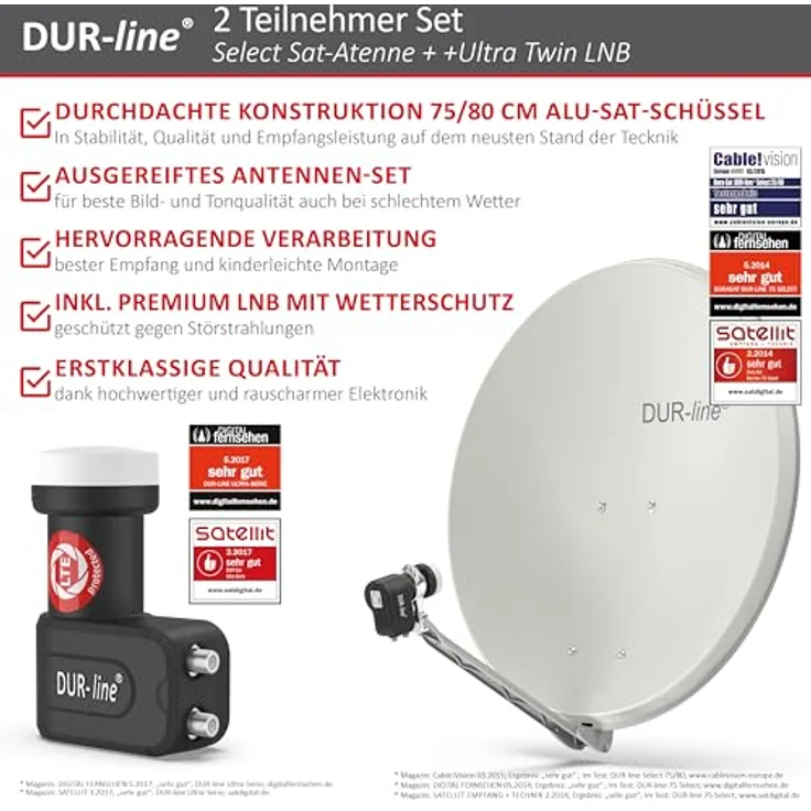 DUR-line 2 Teilnehmer Set - Qualitäts-Alu-Satelliten-Komplettanlage - Select 75/80cm Spiegel/Schüssel Hellgrau + Twin LNB - für 2 Receiver/TV [Neuste Technik, DVB-S2, 4K, 3D] – Bild 3