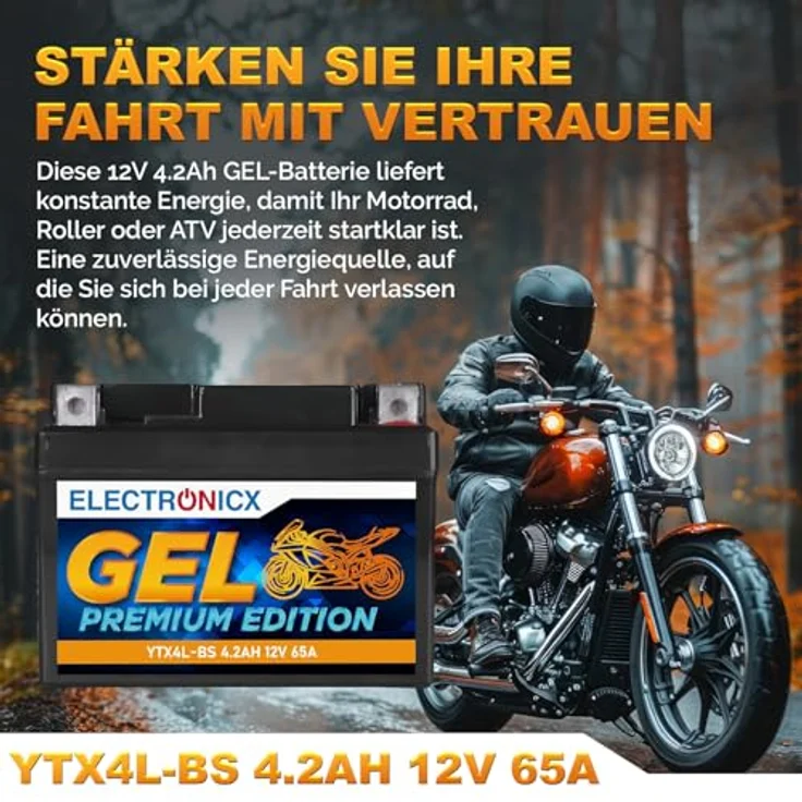Electronicx GEL-YTX4L-BS GEL Motorradbatterie 4Ah 12V, wartungsfrei, auslaufsicher, vibrationsfest für Motorrad, Roller, Quad und Scooter – Bild 2
