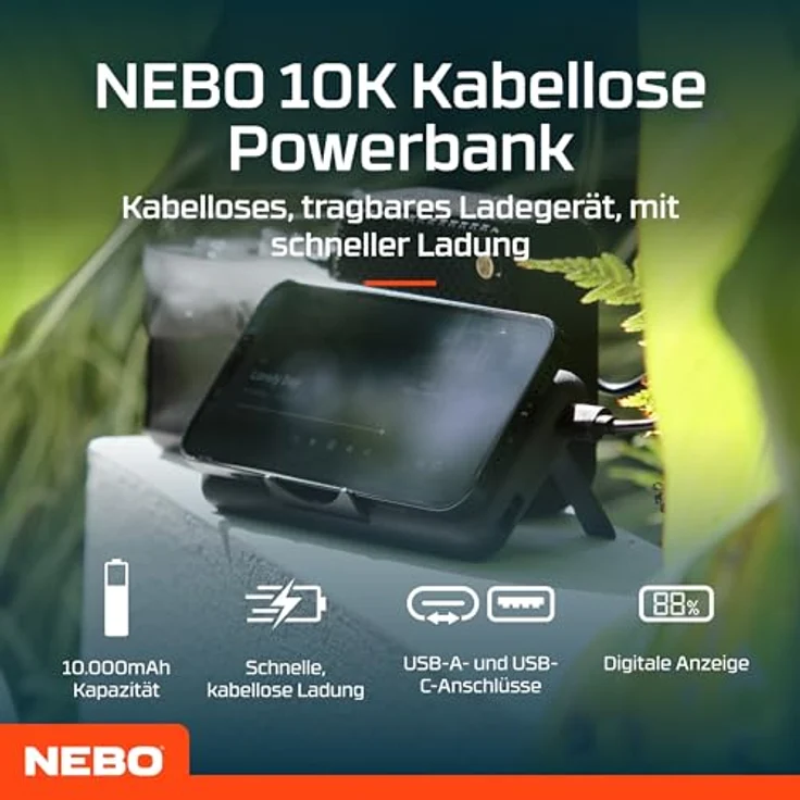 NEBO 10K Powerbank, Kabellos, 10.000mAh, Schnellladefunktion, integrierte Digitalanzeige und Ständer, Travel Essentials – Bild 2