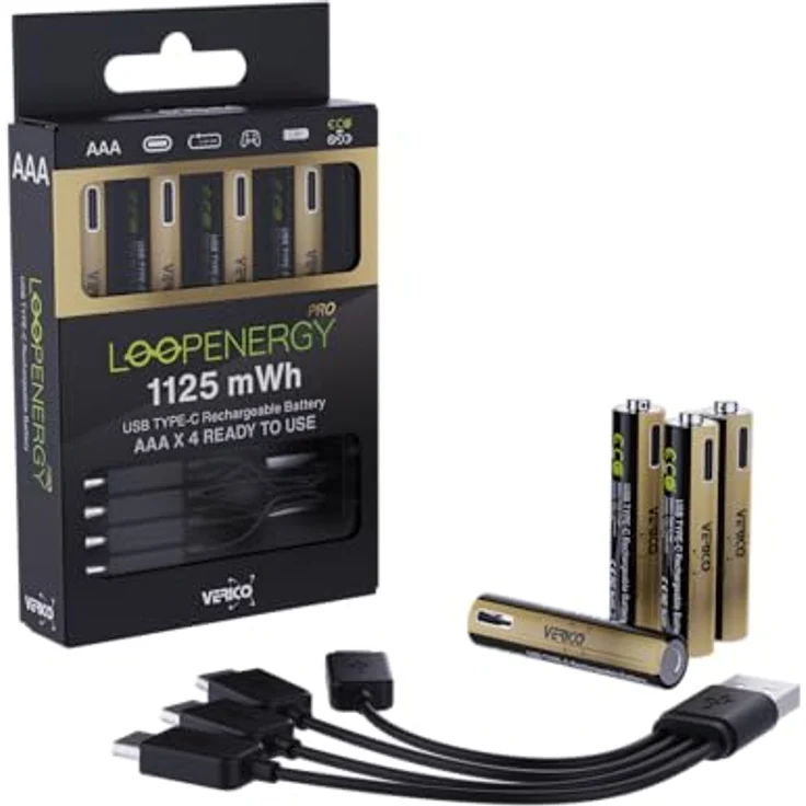 VERICO LoopEnergy Pro AAA 1125 Wiederaufladbare USB-C Batterie, 1,5V 1125 mWh (750mAh), 4er Pack mit Schnellladung in ca. 2 h, inkl. 2 USB-C Ladekabel und praktischer Aufbewahrungsbox – Bild 1