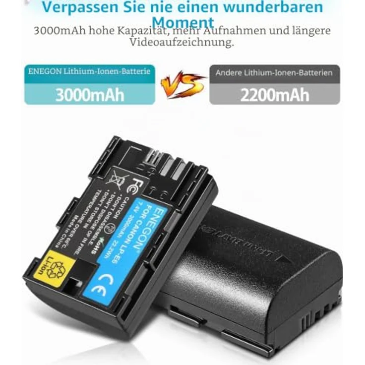 ENEGON LP-E6 Batterien, 2er Pack mit 3000mAh für Canon EOS R, R5C, 5D II-IV, 6D, 7D II-III, 80D, 70D, 60D, XC10, XC15 mit intelligentem Schutz – Bild 2
