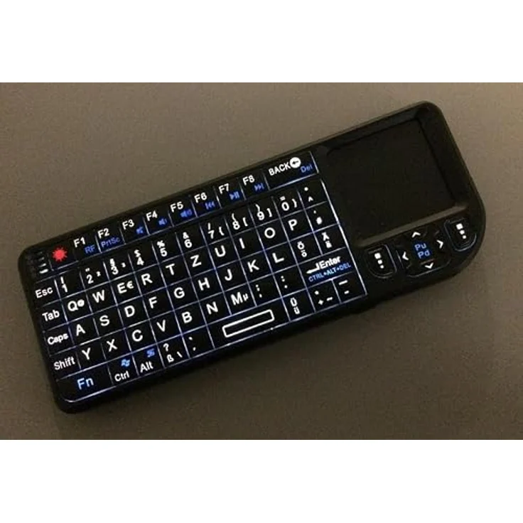 BerryBase Mini Funk Tastatur mit Touchpad & LED-Beleuchtung, schwarz, US Layout, kabellose Verbindung, Laserpointer, kompatibel mit PC/Mac/Linux und PS3 – Bild 2