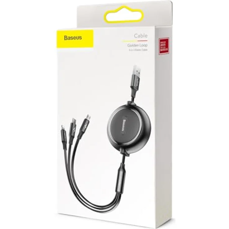 Baseus Golden Loop 3-in-1 USB-Kabel, ausziehbar, micro USB/Lightning/USB-C, 3.5A, Länge 35-120 cm, Schwarz (Modell: CAMLT-JH01) – Bild 8