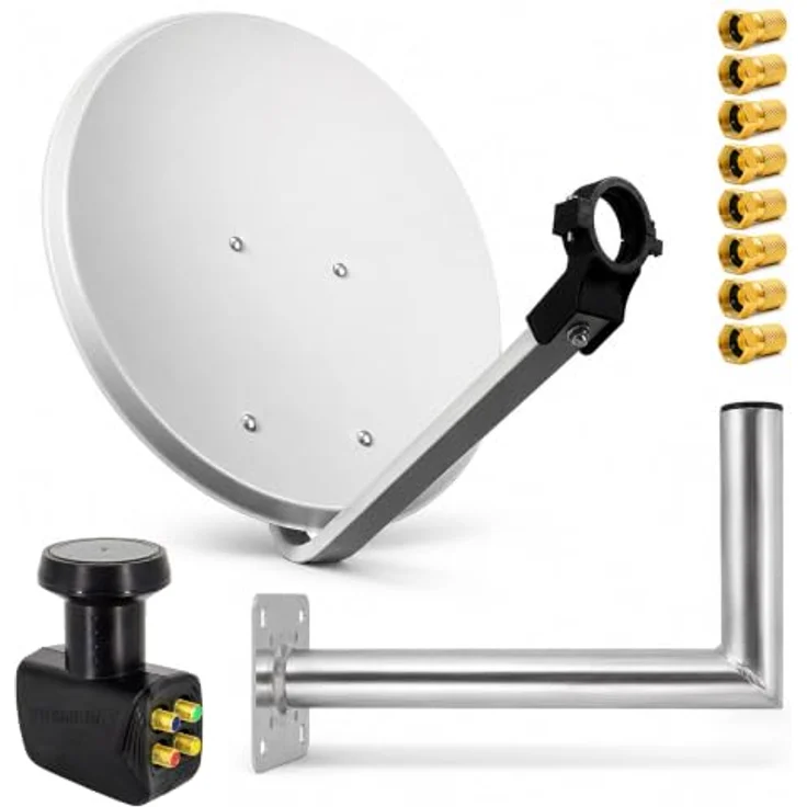 PremiumX SAT Anlage 80cm, Satellitenantenne Quad LNB 0,1dB in Schwarz mit robustem Wandhalter aus Aluminium 45cm, hellgrau – Bild 1