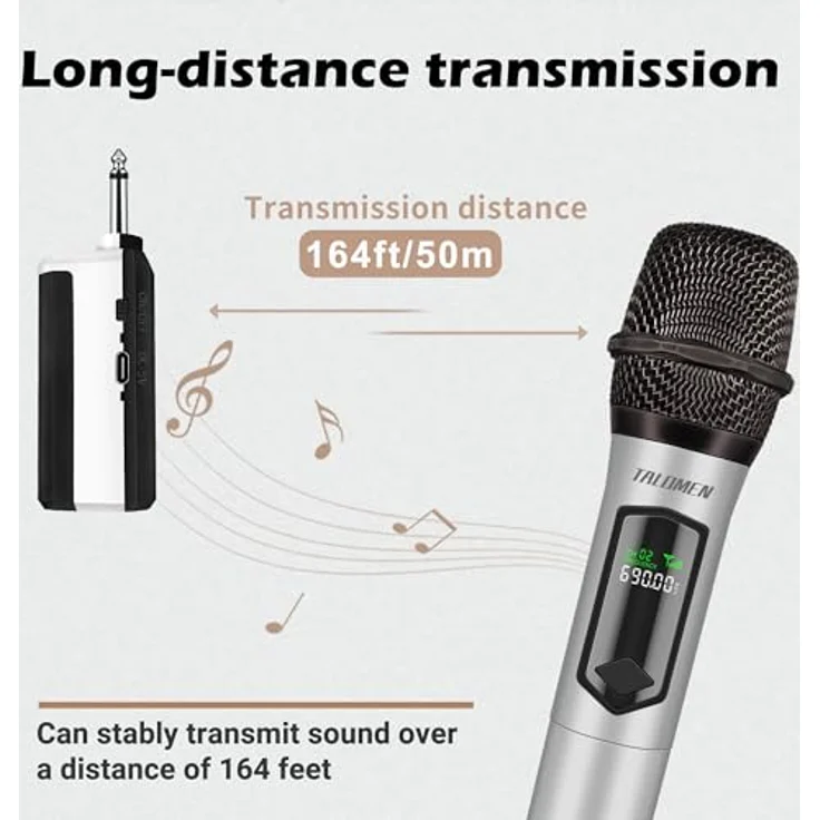 talomen Professionelles kabelloses Mikrofon K60-1, 2,4 GHz, dynamisch, wiederaufladbar, 160ft Reichweite, silbrig, inkl. Empfänger für Karaoke und DJ-Events – Bild 5