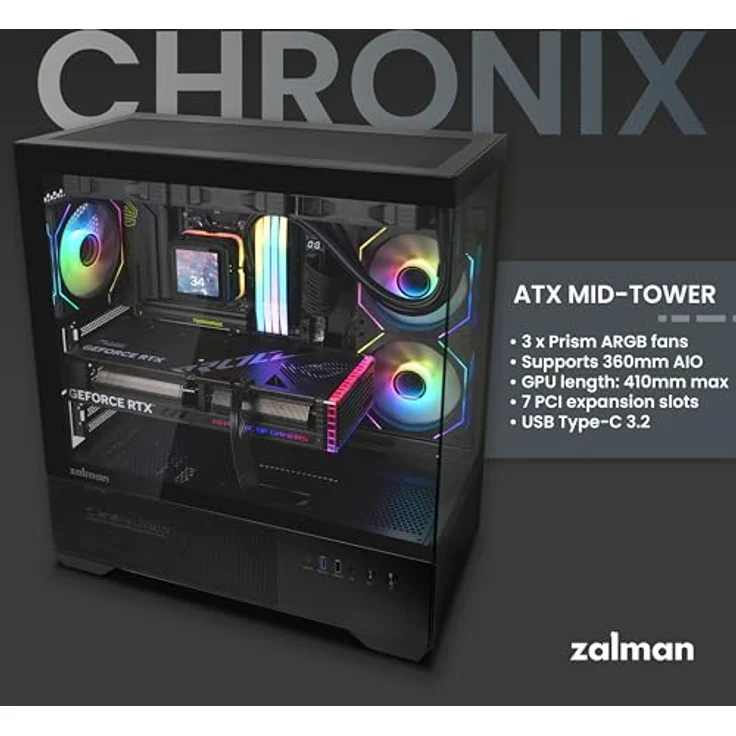 Zalman Chronix Black, ATX/Mini-ITX/mATX PC Gehäuse mit gehärteten Glasplatten und RGB-Lüftern, Schwarz – Bild 3
