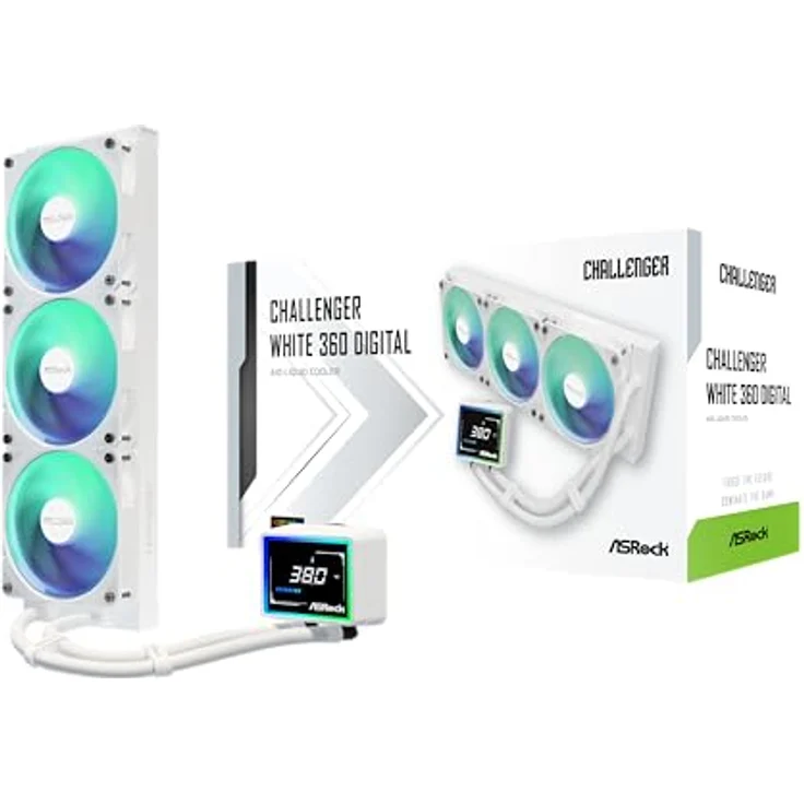 ASRock CPC Challenger 360 Digital ARGB, CPU-Wasserkühler 360mm mit 3-Zoll-LCD, weiß, Triple-Fan und dynamischer ARGB-Beleuchtung – Bild 1