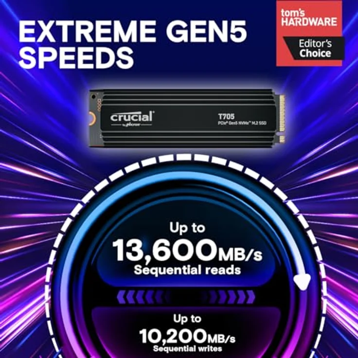 Crucial T705 Heatsink 1TB PCIe Gen5 NVMe M.2 SSD mit Kühlkörper - Bis zu 13.600 MB/s - Game Ready - Internes Solid State Drive (PC) - +1mo Adobe CC - CT1000T705SSD5 – Bild 2