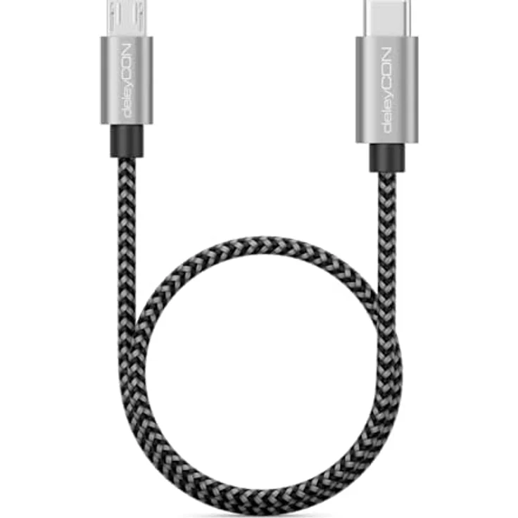 deleyCON 0,30m USB C auf Micro USB Kabel Adapter 30cm Kurz - Schwarz - Schnellladefunktion, Datenübertragung bis zu 480Mbps, Aluminiumgehäuse – Bild 3
