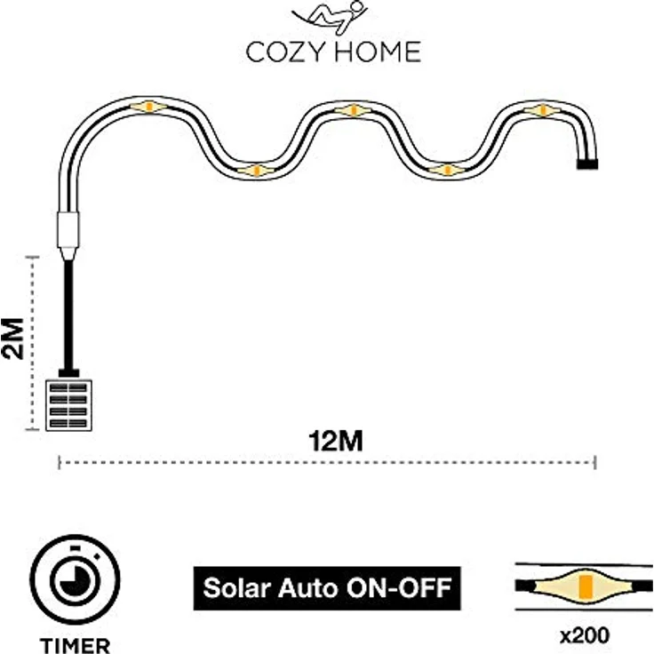 Cobus CozyHome LED Schlauch 200 LED - Solar 12m Warmweiß - 8 Modi & Timer, für Innen und Außen - Weihnachtsdeko und Partylichter – Bild 2