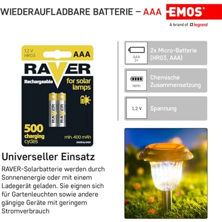 EMOS Raver - Solar AAA Micro Akkus, aufladbare Batterien für Solarlampen, NiMH, 1,2V, HR03, 400 mAh, -20 °C bis +50 °C, min. 500 Ladezyklen, 2er Pack – Bild 4