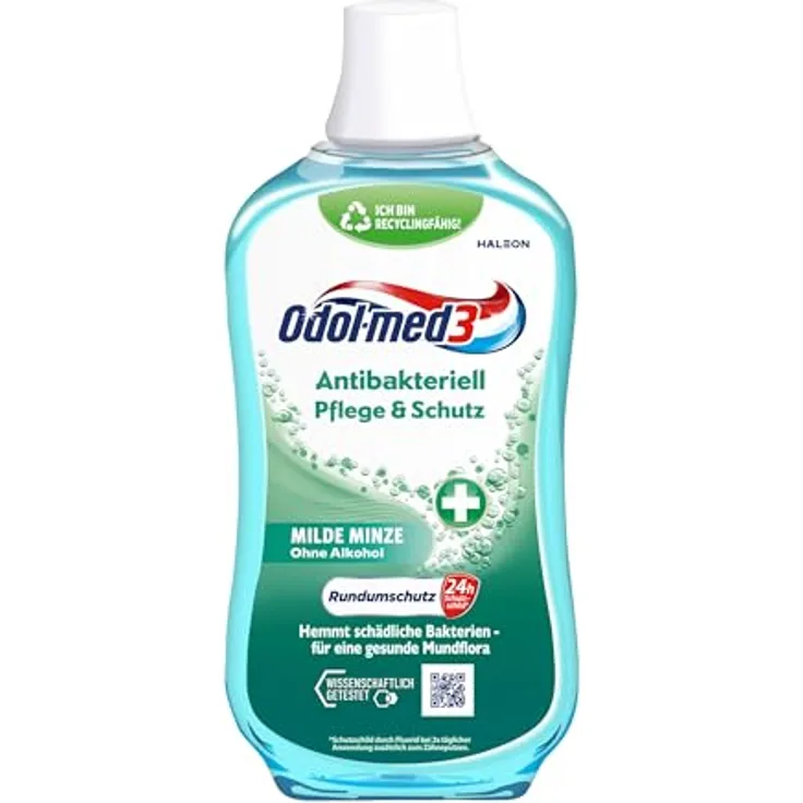 Odol-med3 Mundspülung Antibakteriell Pflege & Schutz, alkoholfreie Mundspülung, 500ml, mild minzig