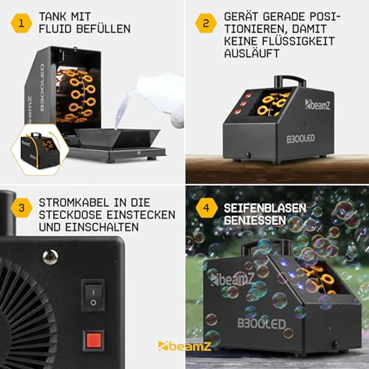 BeamZ B300 LED Seifenblasenmaschine, kabellose Fernbedienung, RGB Lichteffekt mit 3 x 3W LEDs, ABS-Kunststoff – Bild 3