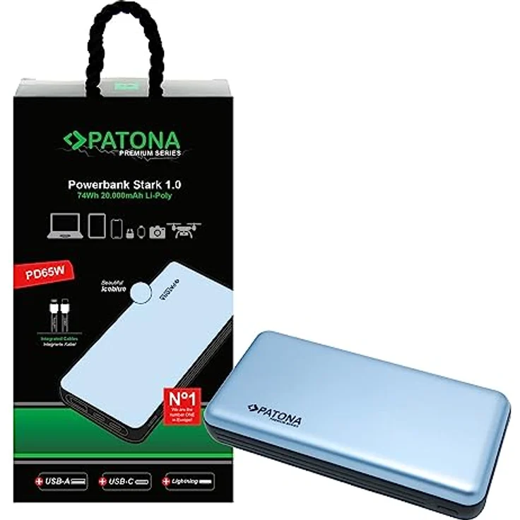 PATONA Premium POWERBANK STARK 1.0 PD65W 20000mAH, USB-C Lightning CONNEKTOR MIT 2 INTEGRIERTEN LADEKABEL – Bild 4