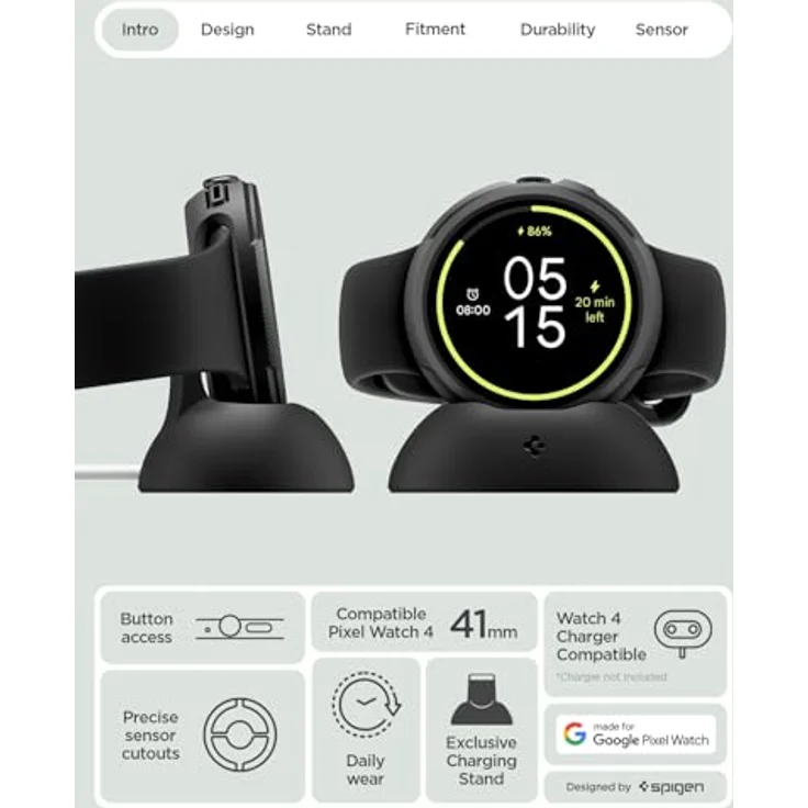 Spigen Liquid Air Hülle für Google Pixel Watch 4 41mm (2025) mit Ladeständer, Matt Schwarz, flexibles TPU und erhöhter Bildschirmschutz – Bild 2