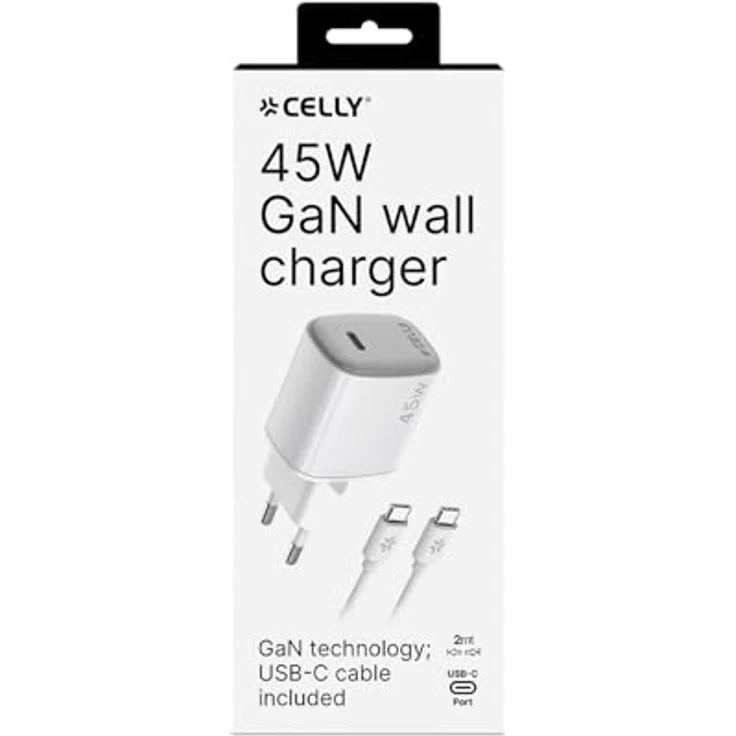 Celly USB-C-Wandladegerät 45 W mit GaN-Technologie, inkl. 2 m USB-C-Kabel, Schnellladung für Smartphones, Tablets und Laptops – Bild 4