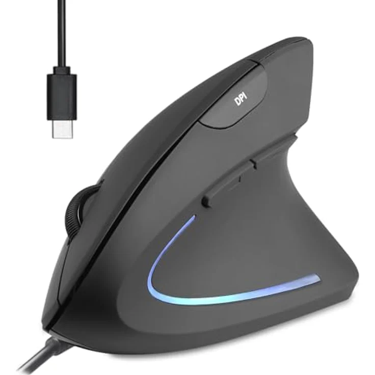 Perixx PERIMICE-513 C Vertikale Ergonomie-Maus, USB-C, schwarz, Rechtshänder mit einstellbarer DPI und rutschfester Oberfläche – Bild 1