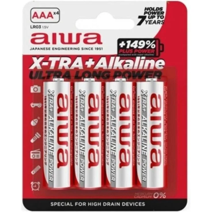 Aiwa X-Tra Alkaline AAA Batterien LR03, Blister mit 4 Stück, weiß-rot, zuverlässige Leistung für Alltagsgeräte