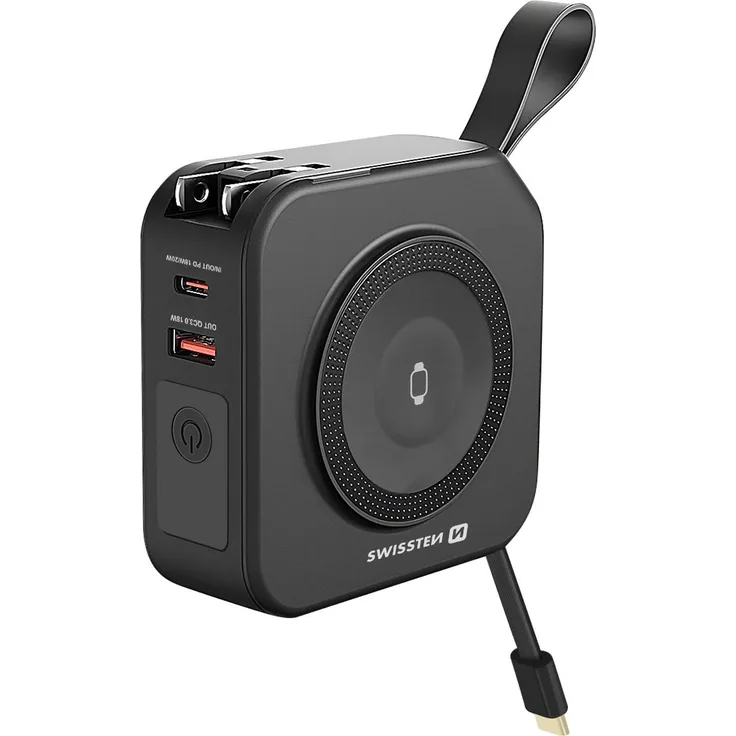 Swissten All-in-One Powerbank Pro, 10.000 mAh mit MagSafe, USB und USB-C, inkl. Reiseadaptern, Schwarz