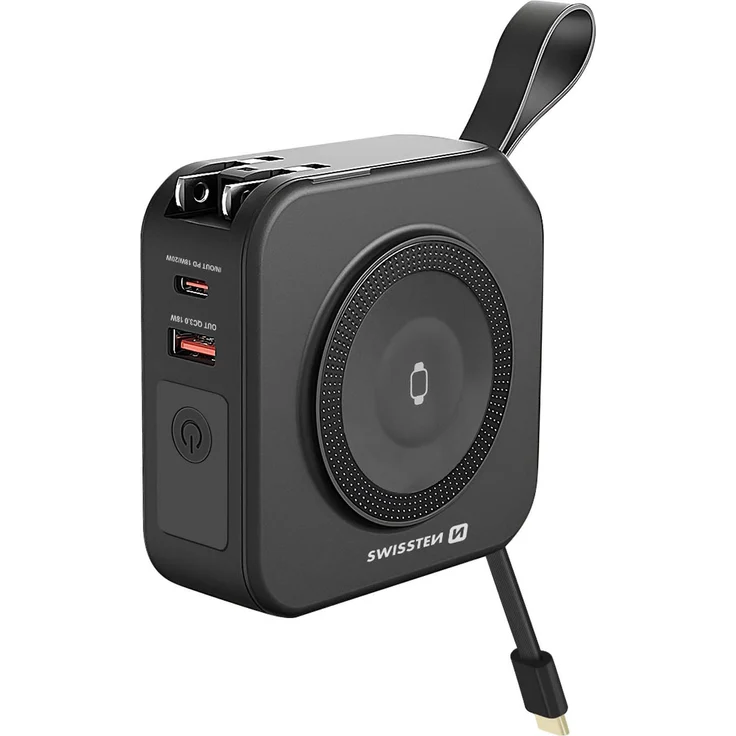 Swissten All-in-One Powerbank Pro, 10.000 mAh mit MagSafe, USB und USB-C, inkl. Reiseadaptern, Schwarz