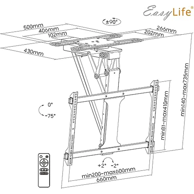 EasyLife TV Deckenhalter elektrisch drehbar für 32-75 Zoll, VESA bis 600x400, smarte Steuerung mit Fernbedienung, schwarz – Bild 8