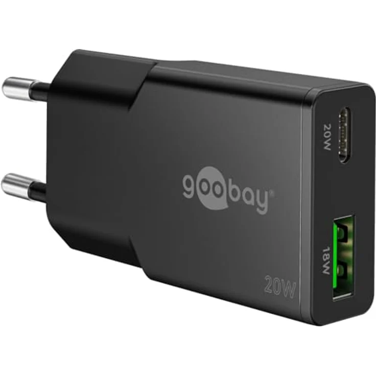 goobay USB-C PD GaN Dual-Schnellladegerät Slim 20W (Schwarz), kompaktes Netzteil mit USB-A Anschluss und Quick Charge für Smartphone & Tablet – Bild 1