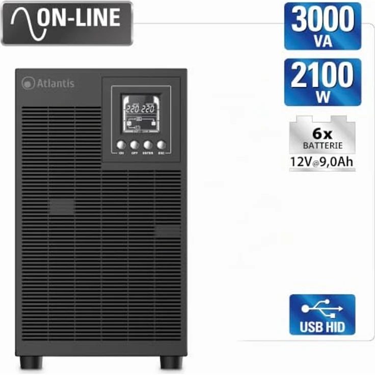 Atlantis A03-OP3002XLN, USV mit 3000 VA, 2100 W, Online-Doppelwandler, reine Sinuswelle, Tower-Ausführung, 4 IEC-Steckdosen, USB, RS232, 12 V – 9 Ah, extrem leise mit 31,3 dBA – Bild 2