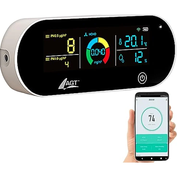 AGT Raumluftmessgerät: 5in1-Akku-Luftqualitätsmesser, HCHO, PM1/2,5, Temperatur u.v.m., App (Feinstaubmessgerät, Luftmessung, Gesundheit) – Bild 2