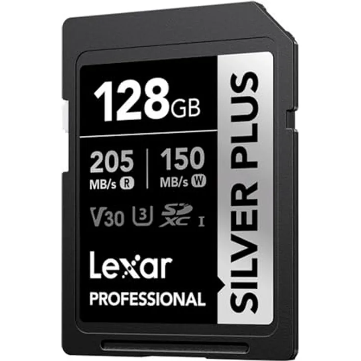 Lexar Professional Silver Plus 128 GB SDXC UHS-I V30 SD-Karte, Schwarz/Silber, 205 MB/s Lesegeschwindigkeit, 150 MB/s Schreibgeschwindigkeit, temperaturbeständig, schockresistent