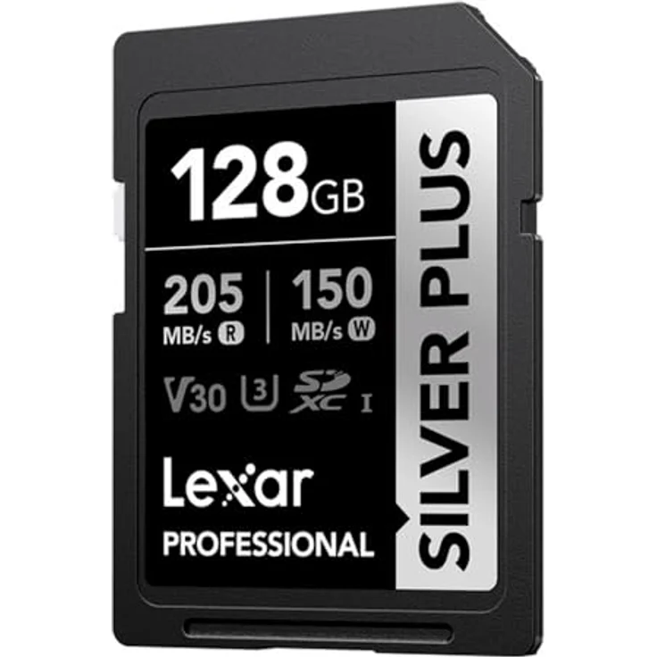 Lexar Professional Silver Plus 128 GB SDXC UHS-I V30 SD-Karte, Schwarz/Silber, 205 MB/s Lesegeschwindigkeit, 150 MB/s Schreibgeschwindigkeit, temperaturbeständig, schockresistent – Bild 1
