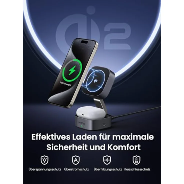 UGREEN MagFlow Qi2 zertifizierte 15W 2 in 1 Ladestation mit MagSafe für iPhone 16/15/14/13, AirPods 2/3, faltbar (Schwarz) – Bild 4
