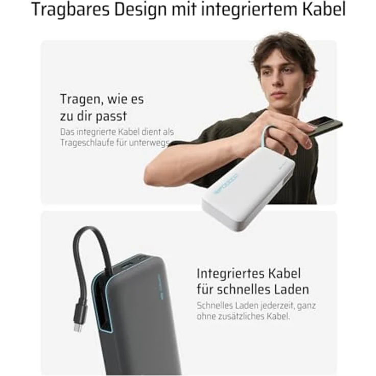 Cuktech CUKP200N, 55W 20000mAh Powerbank mit integriertem USB-C Kabel und drei Anschlüssen, kompakt und robust – Bild 4