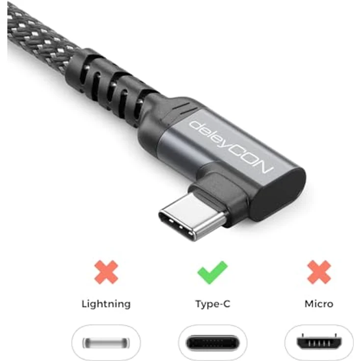 deleyCON 1m 240W USB-C Kabel Winkel 90 Grad, Schnellladekabel USB-C auf USB-C mit PD 3.0, geflochtenes Nylon, kompatibel mit iPhone 17, Galaxy S25, iPad, MacBook, PS5 – Bild 4
